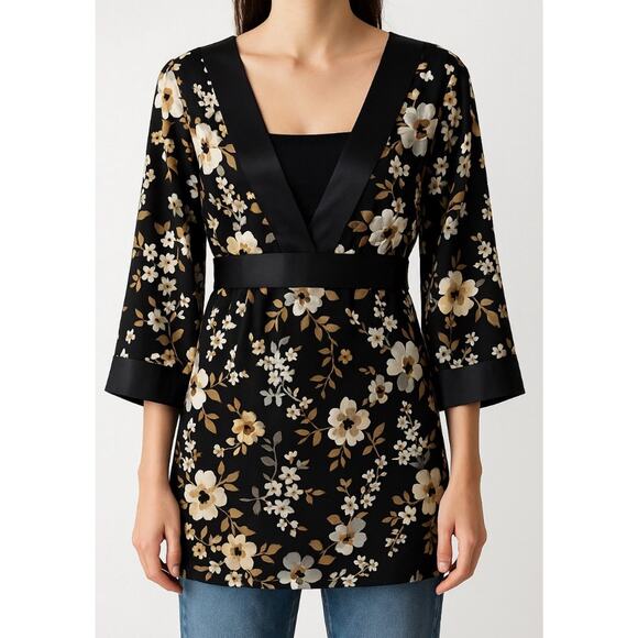 VTG Y2K Babydoll Top Floral Kimono Sleeve Satin Trim Empire Waist Whimsygoth XL - Picture 1 of 7